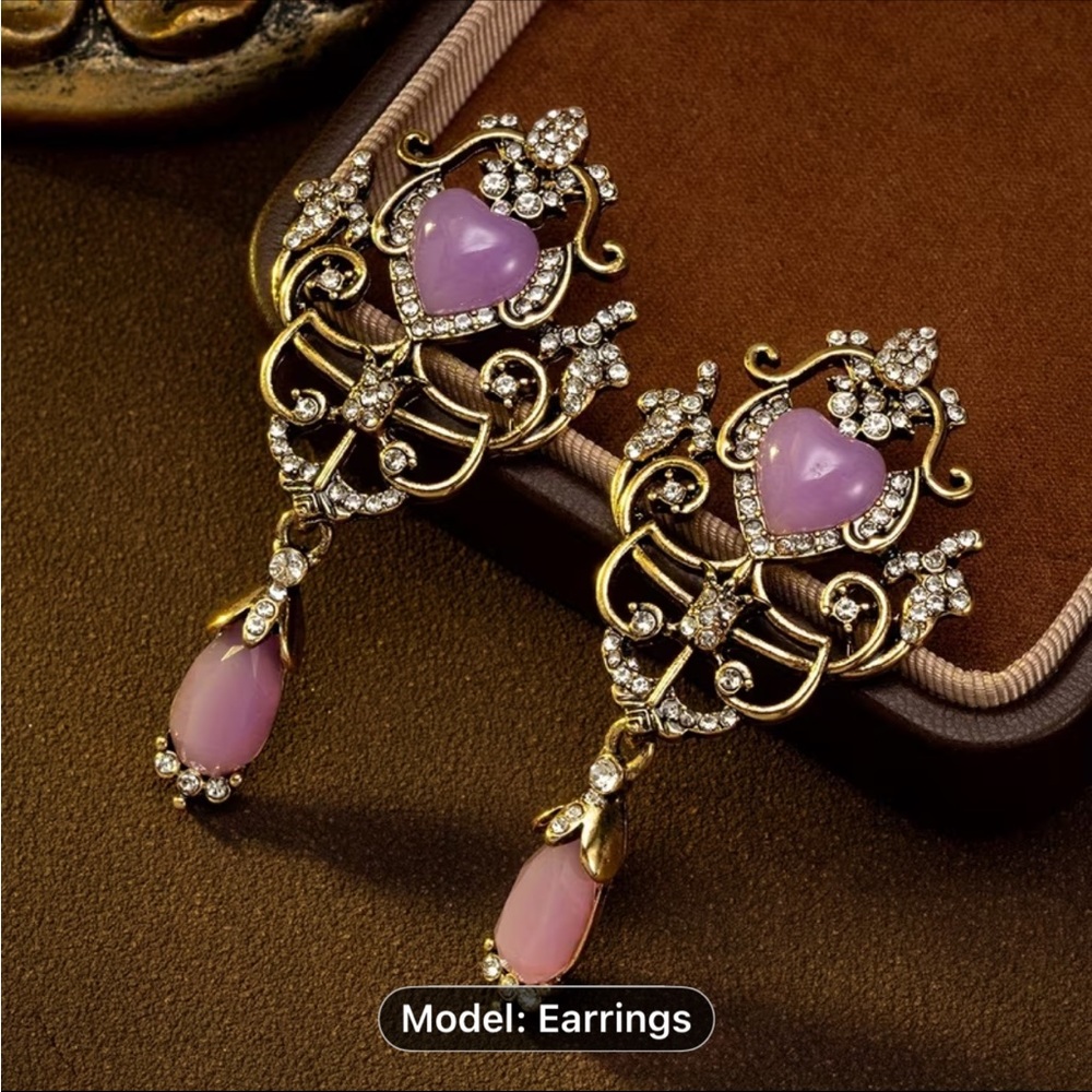 Ornate Gold and Pink Heart Drop Earrings